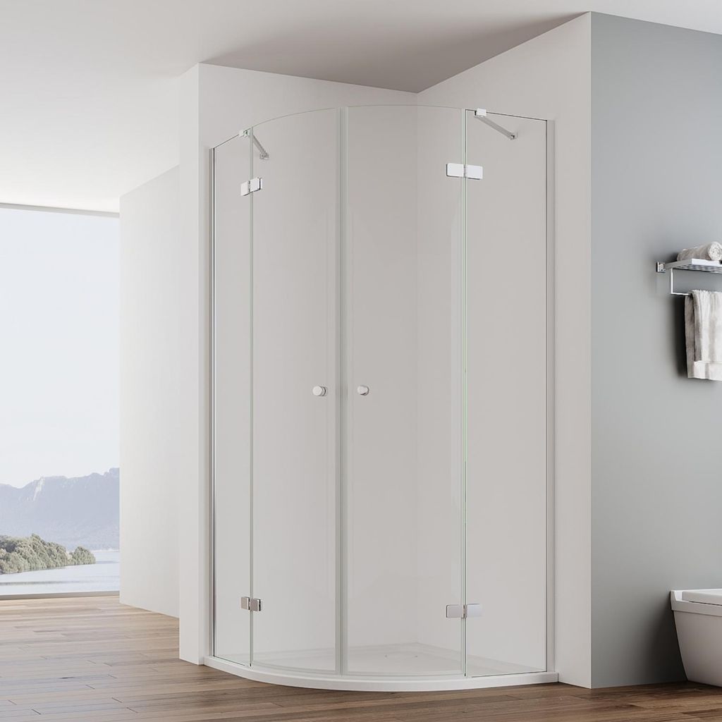 IMPTS Duschkabine 80x80cm Viertelkreis Duschabtrennung Runddusche Duschtür Scharniertür aus 6mm ESG Glas,Höhe 185cm Radius 55cm, Mit Duschwanne