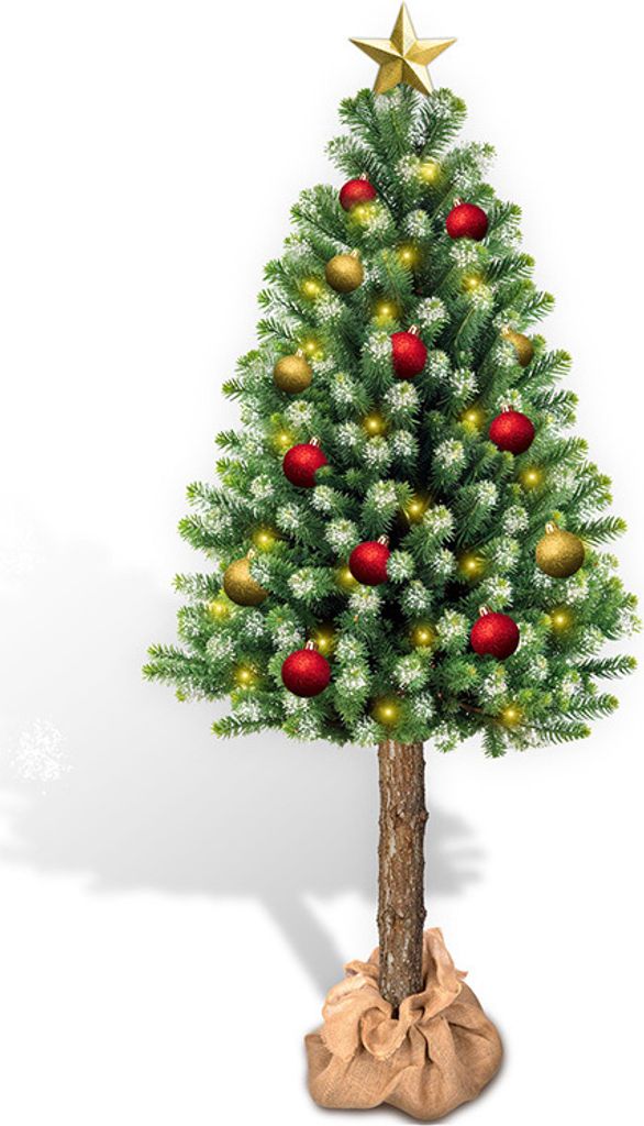 A decorated artificial Christmas tree on a white background.