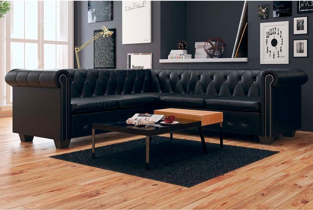 Eleganten-Stil Chesterfield-Ecksofa 5-Sitzer Schwarz Kunstleder - Klassische Sofas Neu609848