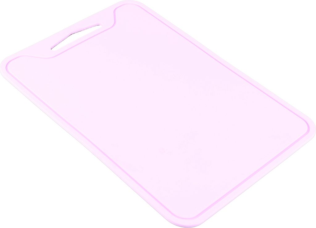 A pink cutting board with a handle is shown on a white background.