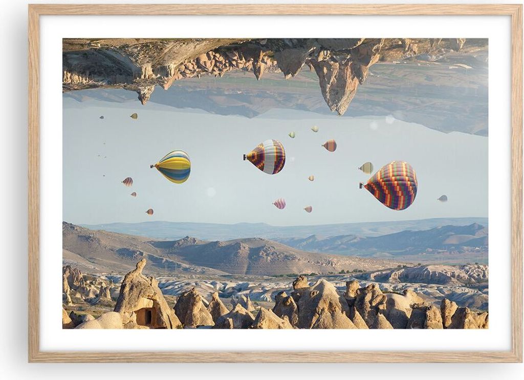 Gerahmtes Poster - Rahmen in heller Eiche - Surrealismus Flug Luftballons - 70x50 cm - Wand Bild - Wanddeko - Wandbilder - Kunstposter - Wandposter...