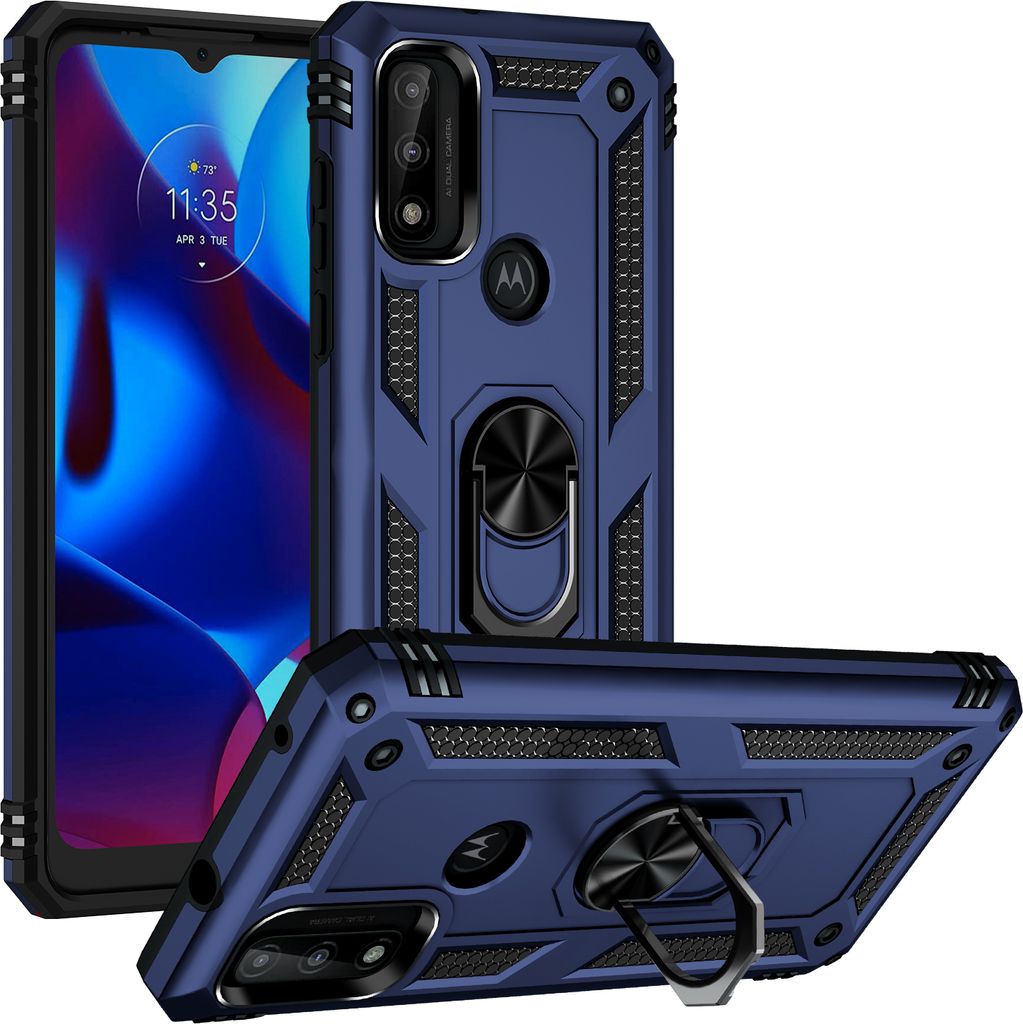 Motorola G Pure Hülle, Dual Layer Militäre Fallschutz Schutzhülle mit Ringhalterung Ständer für Motorola G Pure Blau