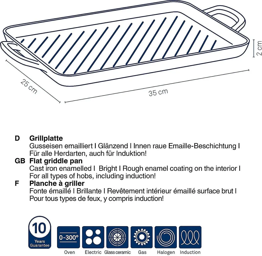 Plaque à griller 35x25 cm Kela Calido fonte émaillée compatible four
