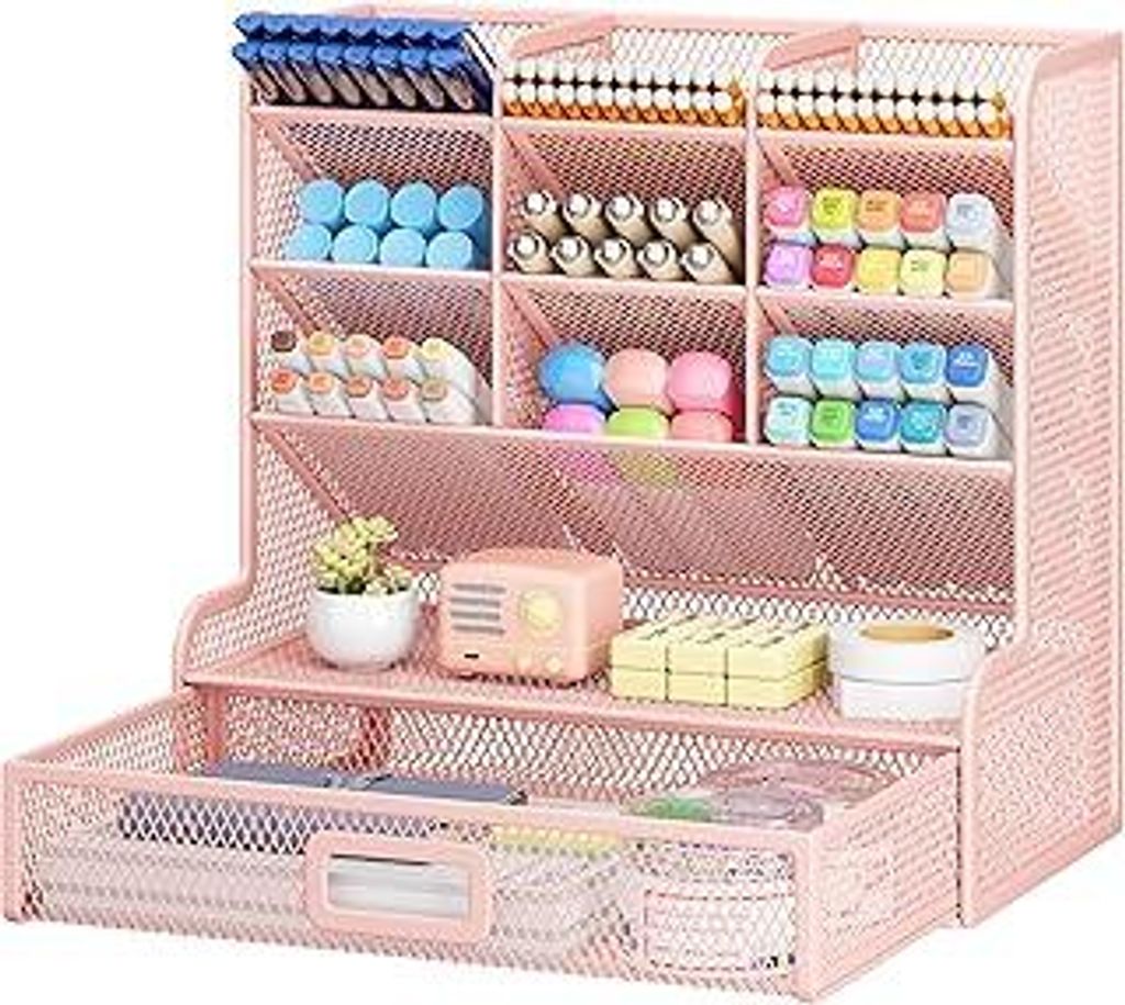 VITVITI Schreibtisch Organizer, 9 Fächer Stiftehalter mit Schublade, Netz Stifte Regal aus Metall, Stiftehalter Schreibtisch für Schule Heim Bür...