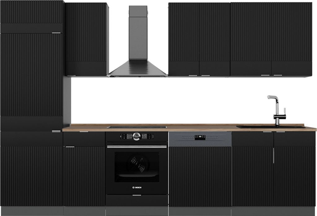 Küchenzeile Vicco Fame-Line Schwarz gestreift/Anthrazit 300 cm , AP Eiche, Model 51007