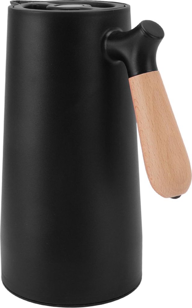1L Thermo-Kaffee-Karaffe 12h Isolierung Olecranon Wasserauslauf Thermoflasche mit Holzgriff für Zuhause Camping Wandern Schwarz