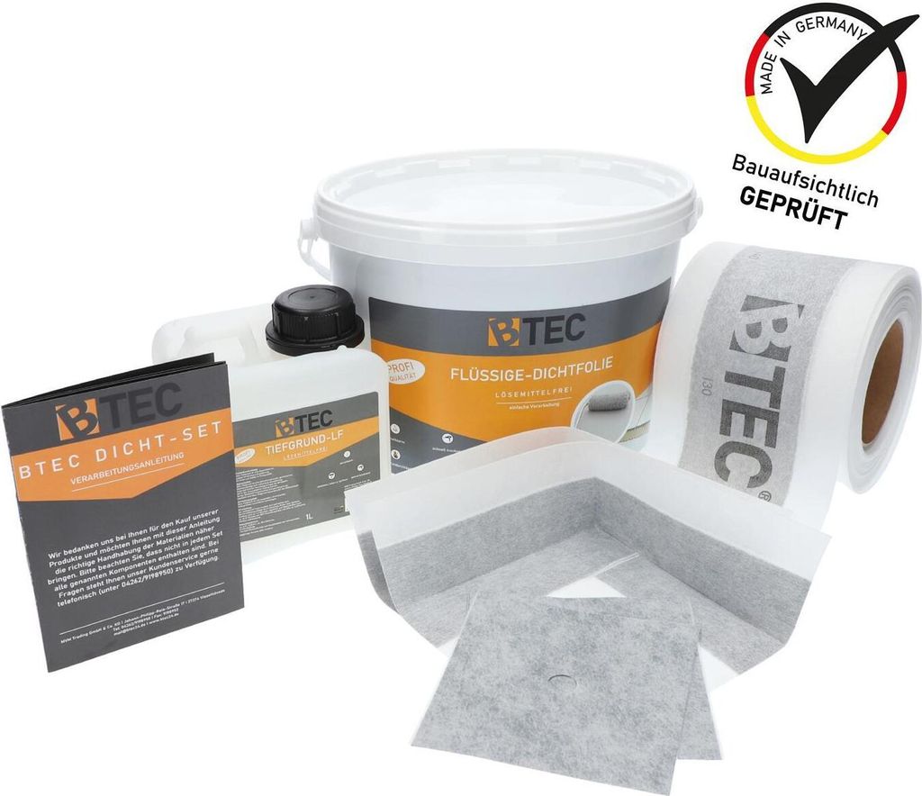 BTEC Dicht-Set "Standard DUSCHE" zur Abdichtung 6 kg flüssige Dichtfolie 1 L Tiefgrund 5 m Dichtband 2 Innenecken 2 Dichtmanschetten