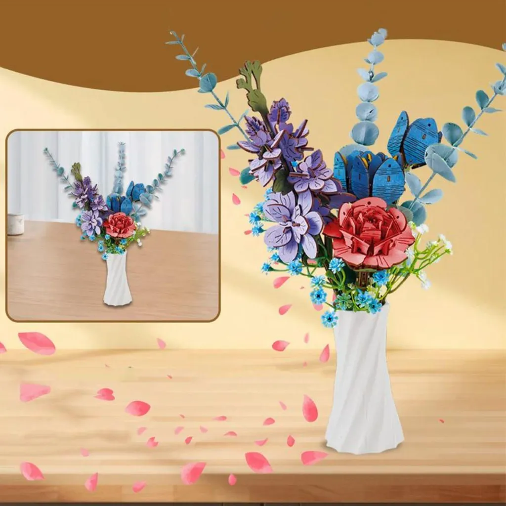 Set Fiori Da Costruire Con Blocchi, Bouquet Artificiali Fai Da Te Con Custodia Antipolvere - Regalo Per Adulti E Bambini (Rosa Blu) - 2