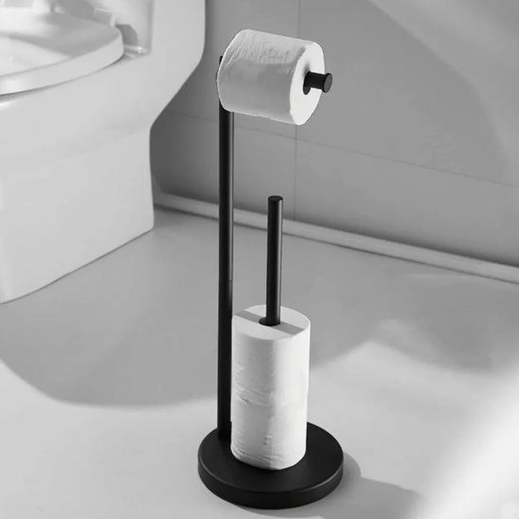 Porte-papier toilette sur pied noir en acier inox avec tablette XL
