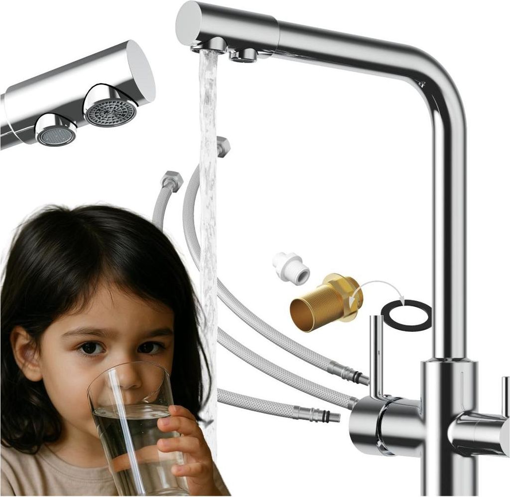 Granitan | Küchenarmatur Flow - Chrom - 3-Wege - Mit Filter - Drehbare Auslauf - Platzsparend
