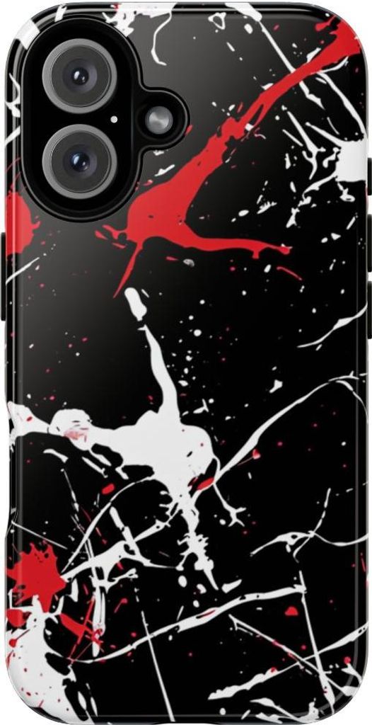 Rote und weiße Farbspritzer auf Schwarz – Hülle Kompatibel mit iPhone 16