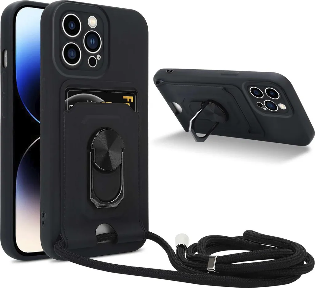 Cadorabo iPhone 14 PRO Case: Silicone Nero, Cordino e Supporto Stand