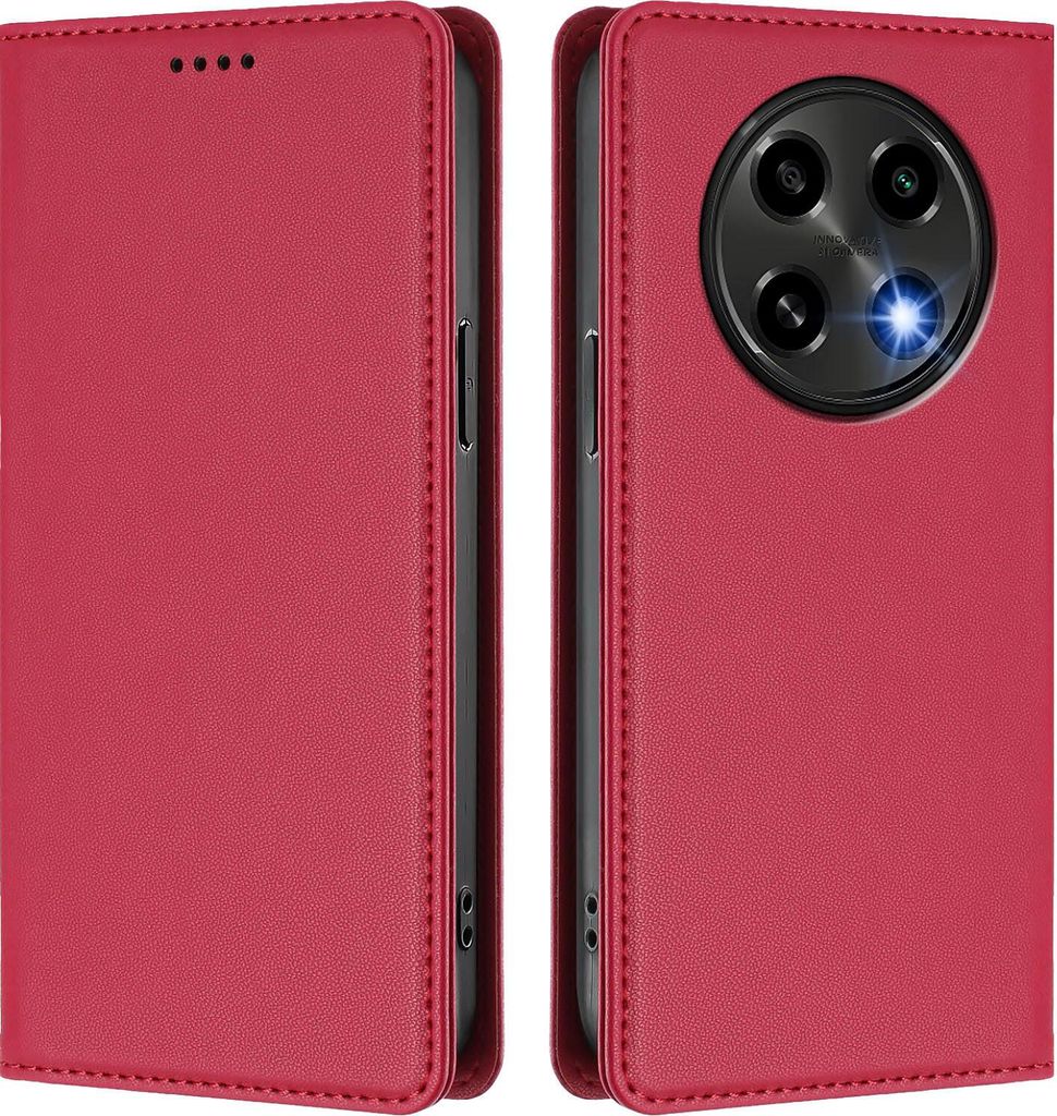 Handyhülle für Oppo F27 Pro / F27 Pro+, Kunstleder Klapphülle Stoßfeste Magnetische Hülle mit Ständer Rot