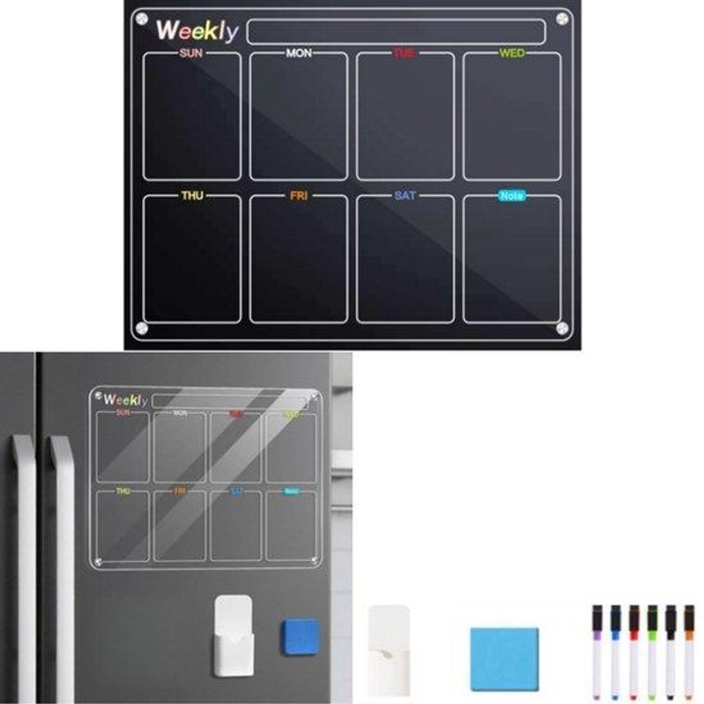 Magnetische Transp. Displaybord aus Acryl mit 6 Markern und 1 Gummi - Transp. - für Diät- und Trainingsplaner, Einkaufsliste, Notizen