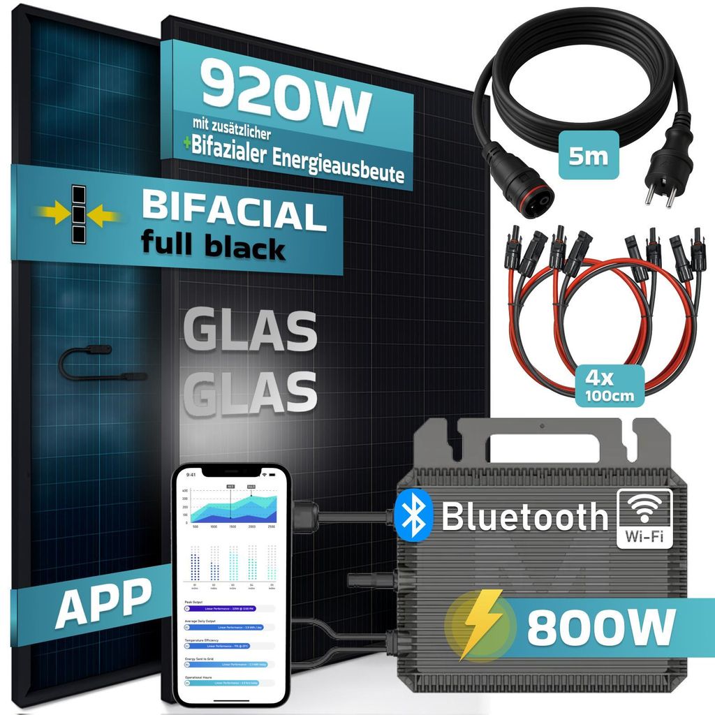 SUNNIVA 920W Balkonkraftwerk BIFAZIAL FULLBLACK komplett Steckdose MARSTEK 800W Wechselrichter, PV Solaranlage 2x 460W Glas Solarmodule, 5m Kabel