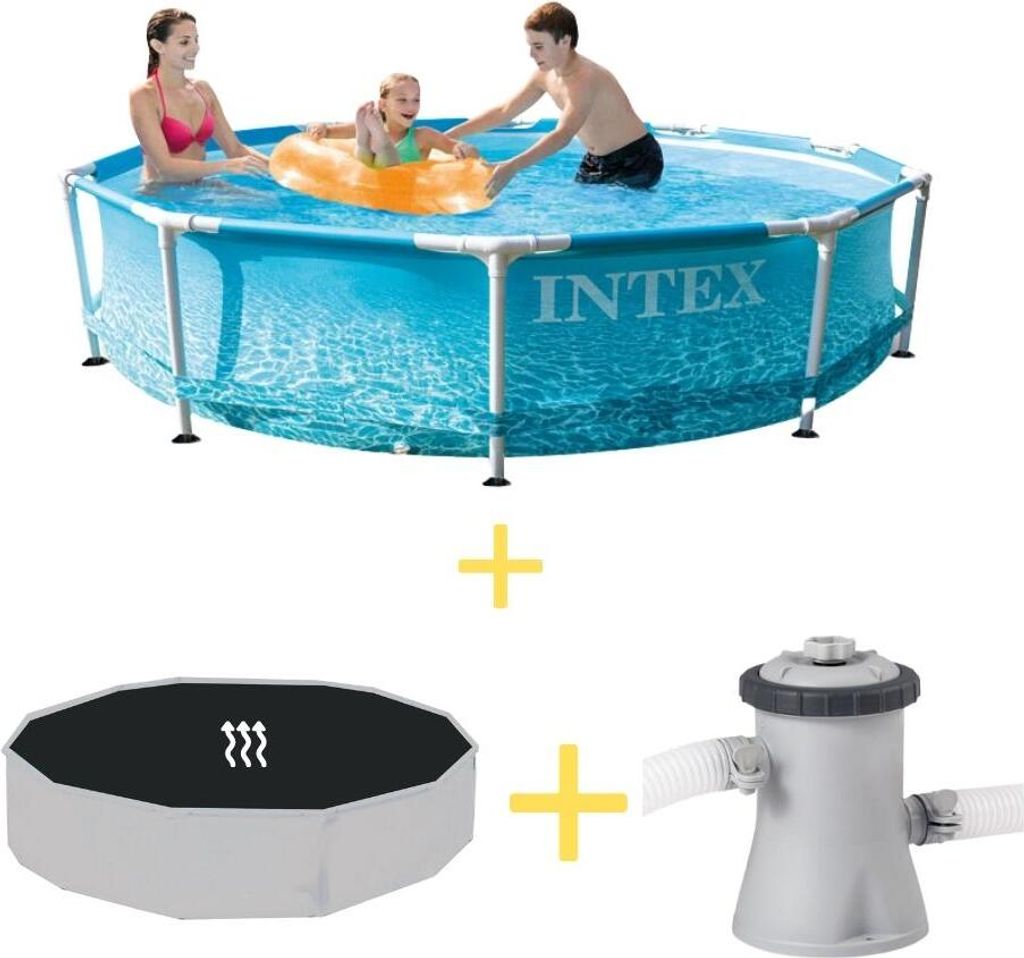 Intex Metal Frame Pool - Strandseite - 305 x 76 cm - Inklusive Solarsegel & Filterpumpe