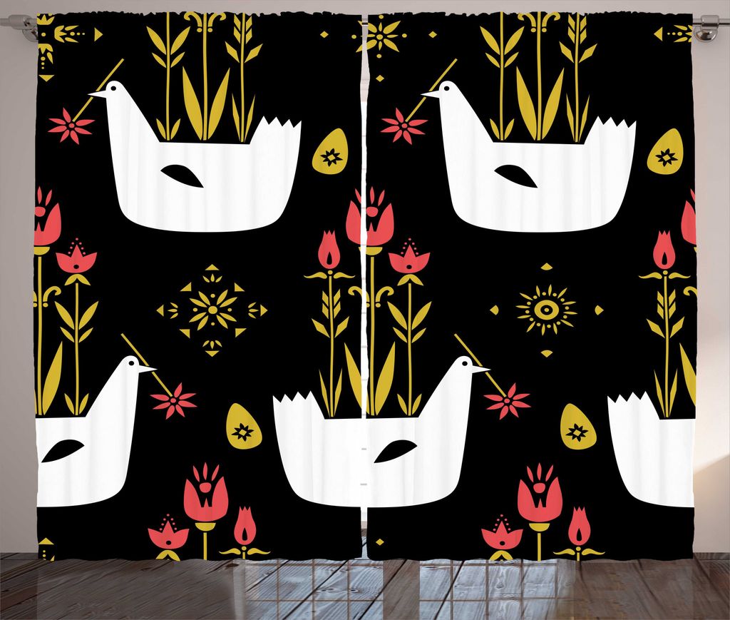ABAKUHAUS Tier Rustikaler Gardine, Hühner Eier und Blumen, Schlafzimmer Kräuselband Vorhang mit Schlaufen und Haken, 280 x 175 cm, Mehrfarbig
