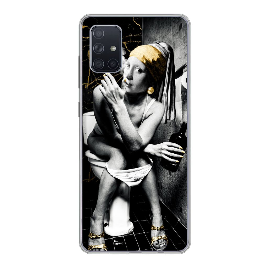 MuchoWow Handyhülle Schutzhülle Hülle für Samsung Galaxy A71 Marmoroptik - Mädchen mit Perlenohrring - Zigaretten - Toilette - Gold - Kunst ...