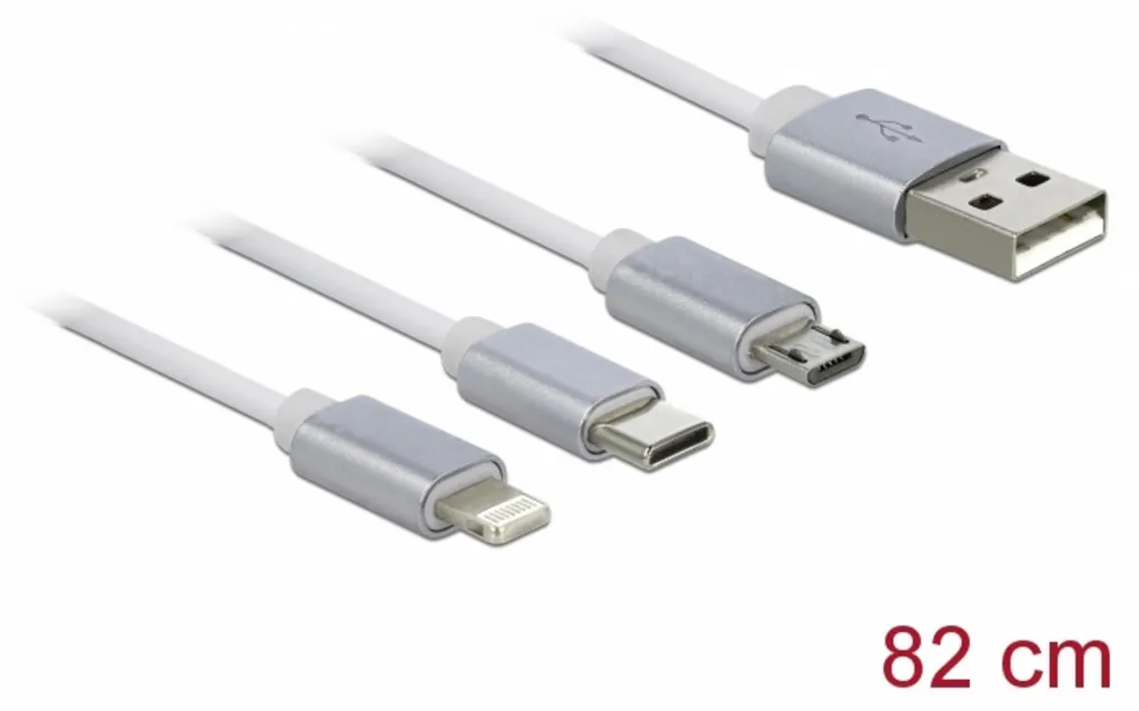 Câble USB 3-en-1 blanc rétractable avec fiches Type C et Micro USB Delock
