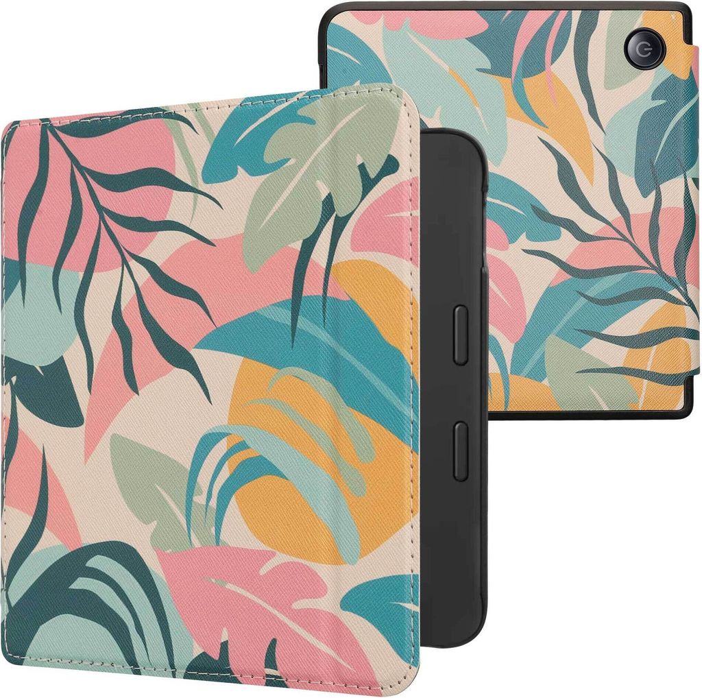 kwmobile Schutzhülle für Kobo Libra 2 Hülle - eReader Flip Case mit Auto Sleep Funktion - Tropischer Dschungel mit Rosa Gelb Grün