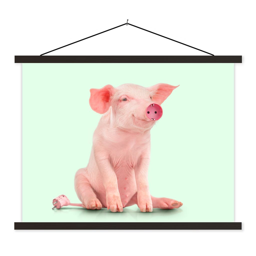 MuchoWow Textilposter Schwein - Rosa - Sockel - Tiere 120x90 cm mit schwarzem Rahmen - Aufhänger für Poster