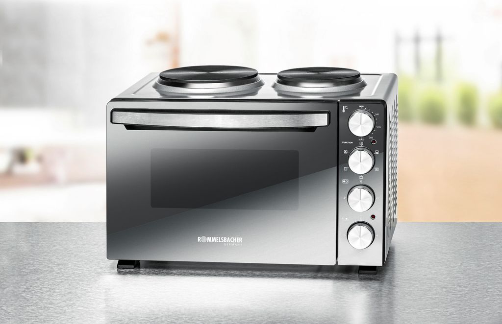 Kleinküche KM 3300, 2 Gussheizplatten, Backofen mit 30 Litern Volumen, Ober-/Unterhitze, Umluft, Drehspieß, Doppelverglasung, 3 Einschubebenen, 3...