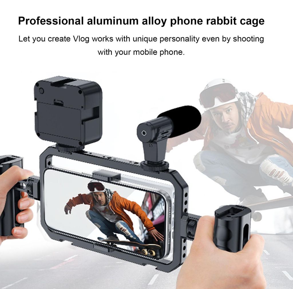 Magnetic Phone Cage Stabilizer Dual Handle Video Rig 4 Cold Shoes Mounts Anti Rotation Pins for Vlog Live Streaming Smartphone