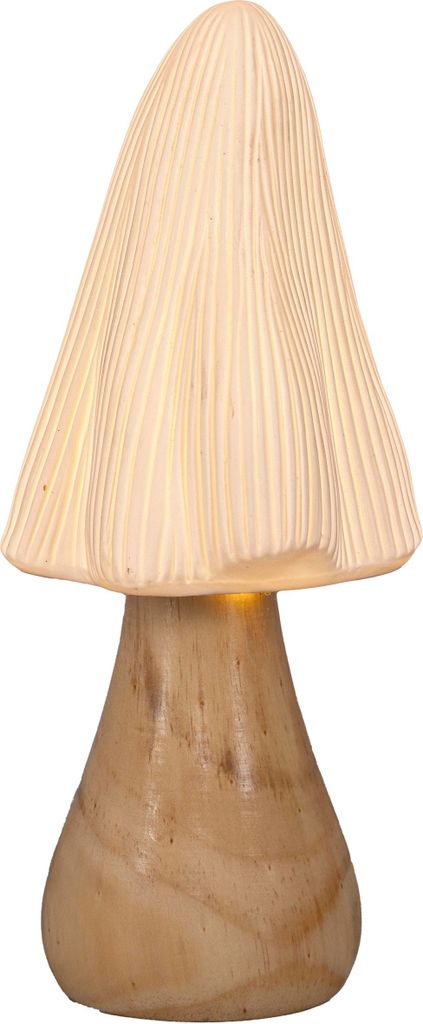 HGD LED-Pilz aus Keramik mit Holzsockel - warmweiß beleuchtet - Ø 11 x 26 cm - herbstliche Dekoration