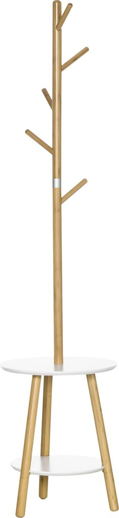 Garderobenständer mit Beistelltisch im Skandi-Design, 5 Kleiderhaken, 39, 5 cm x 39,5 cm x 171 cm, Natur + Weiß