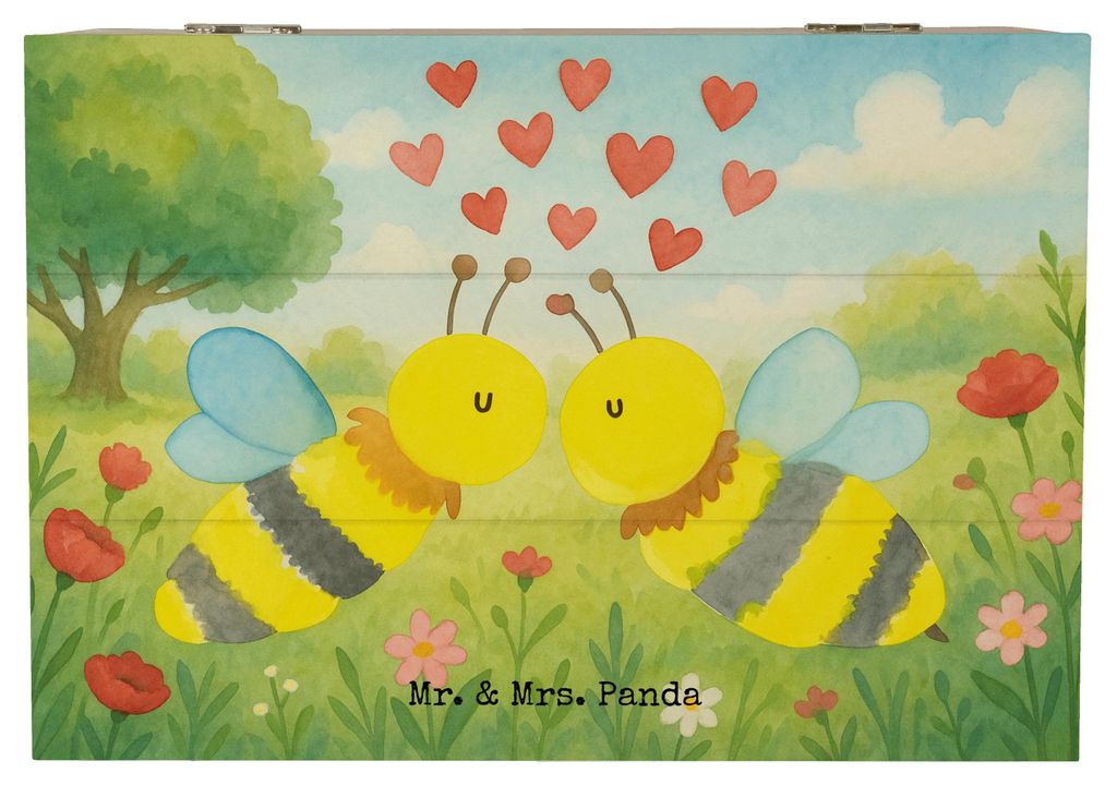 Mr. & Mrs. Panda Holztruhe Biene Liebe Design 22 x 15 cm - Weiß - Geschenk, Geschenkbox, fotobox, Kiste mit Deckel, Schatulle, Erinnerungskiste