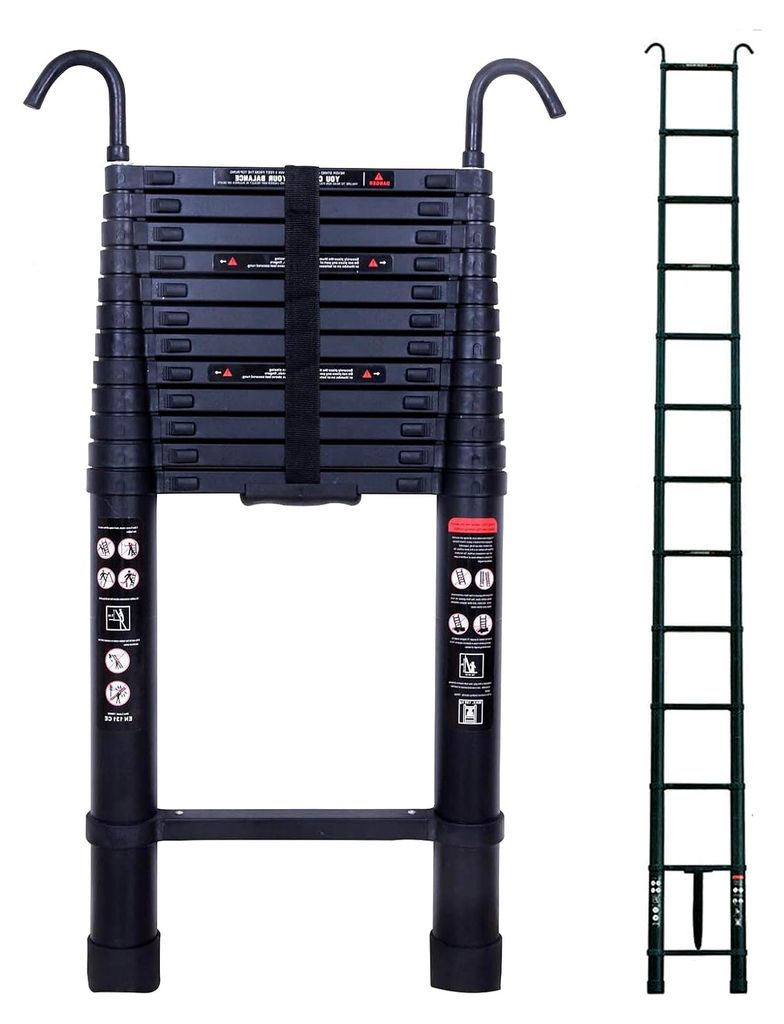5 m Teleskopleiter, schwarze Aluminiumleiter, klappbar, für Heimwerker und Wohnmobile, EN131, mit 2 abnehmbaren Haken, 150 kg Tragkraft, leicht un...