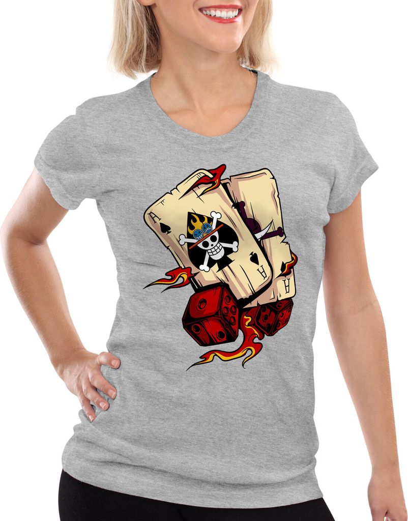 style3 One Ace Damen T-Shirt poker piece strohhut bande anime manga, Farbe:Grau meliert, Größe:M