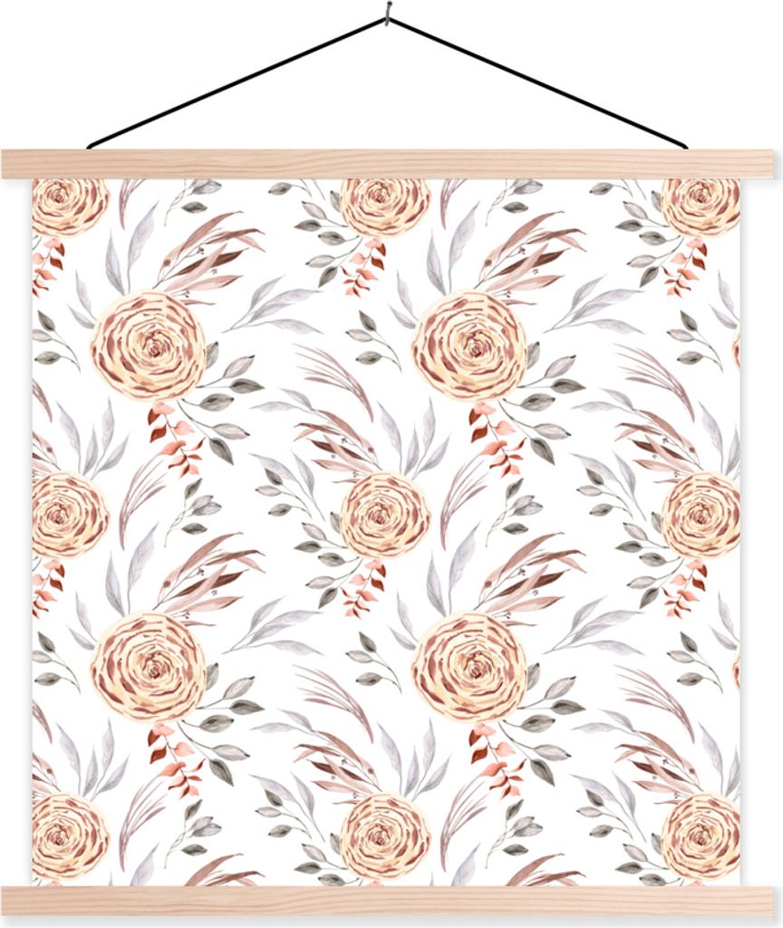 MuchoWow Textilposter Rosen - Gold - Blätter 60x60 cm mit holzfarbenen Rahmen - Wanddekoration