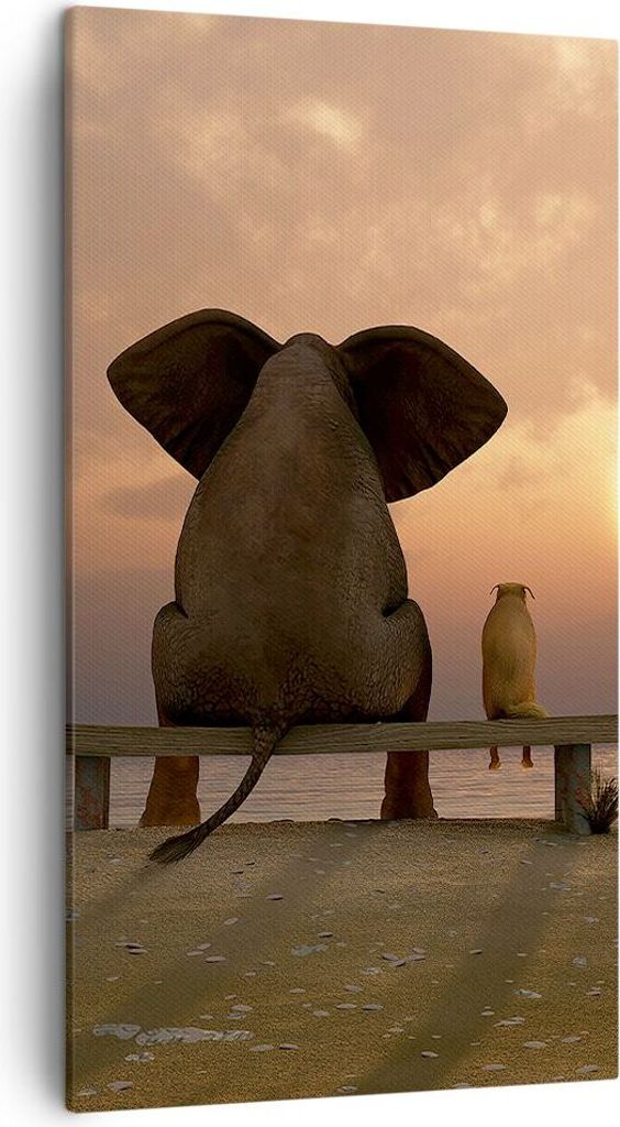 Bild auf Leinwand - Leinwandbild - Elefant Ufer Meer - 45x80cm - Wand Bild - Wanddeko - Wandbilder - Leinwanddruck - Bilder - Kunstdruck - Wanddeko...