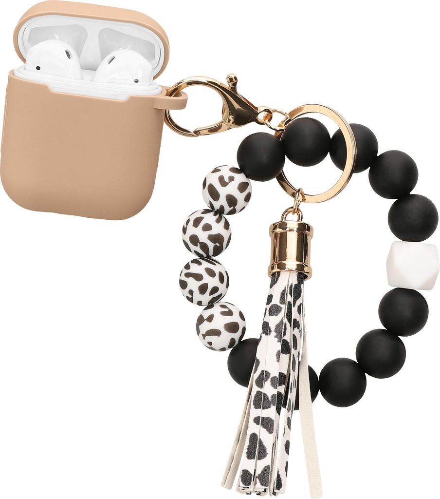 kwmobile Hülle für Apple Airpods 1 & 2 Case mit Schlaufe - Silikon Schutzhülle mit Schlüsselanhänger - Kopfhörer Cover in Cappuccino Schwarz