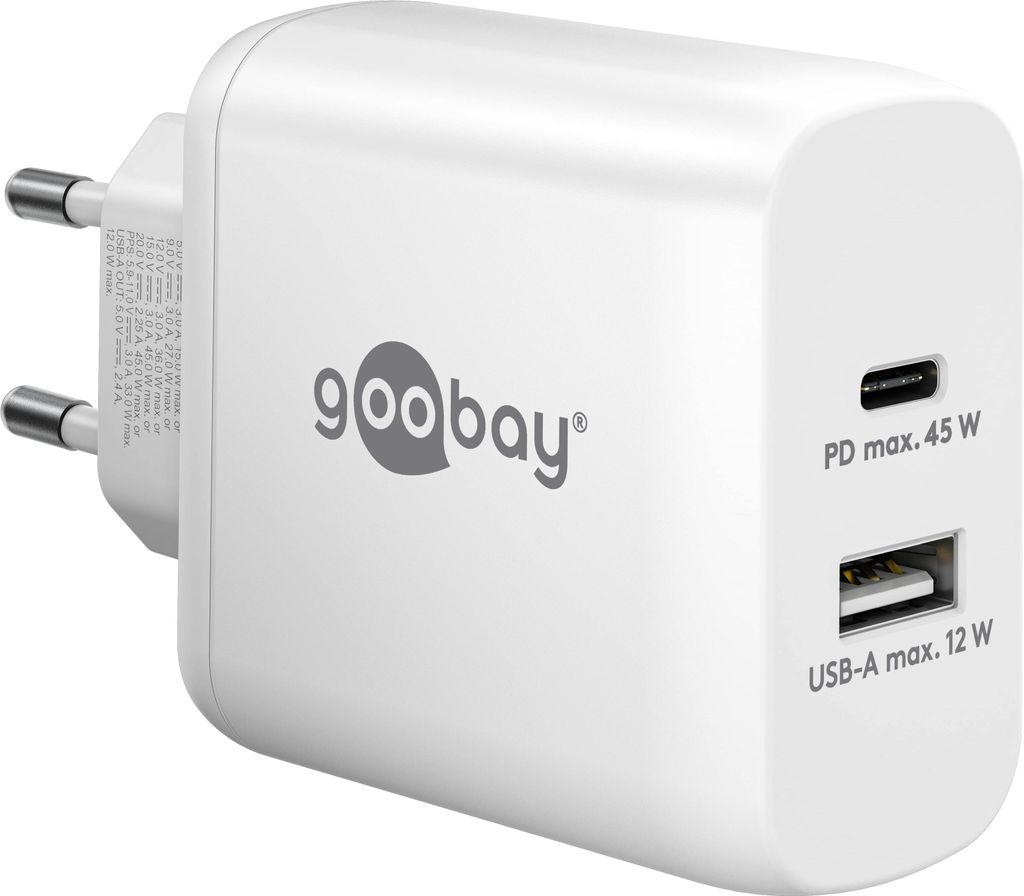 Goobay 65412 Dual Ladegerät 45W / USB-C & USB-A Schnellladegerät Power Delivery/Ladenetzteil mit 2 USB Anschlüssen/Charger für Handy, iPad, Tab...
