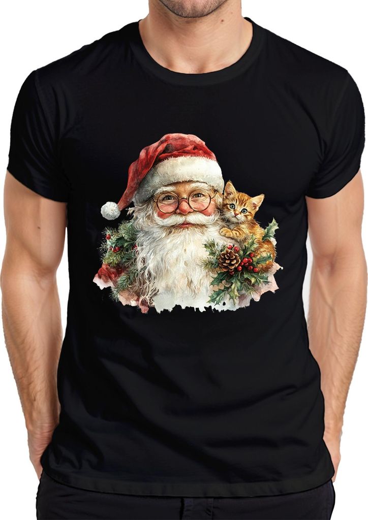 Weihnachtsmann Kätzchen Stechpalme Tannenzweig Zapfen Weihnachten Herren T-Shirt, Schwarz, XXL