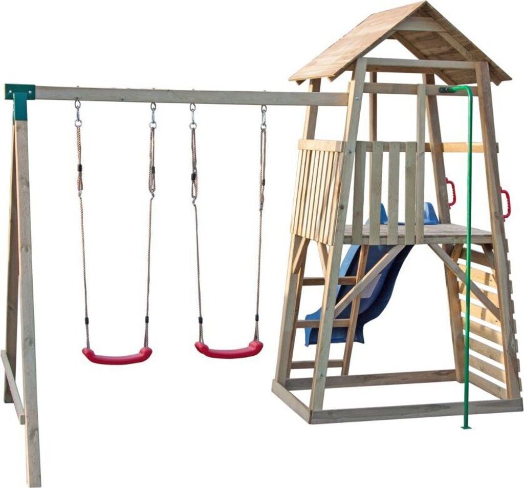 Kletterturm mit Rutsche und Doppelschaukel, Kletterwand und Rutschstange