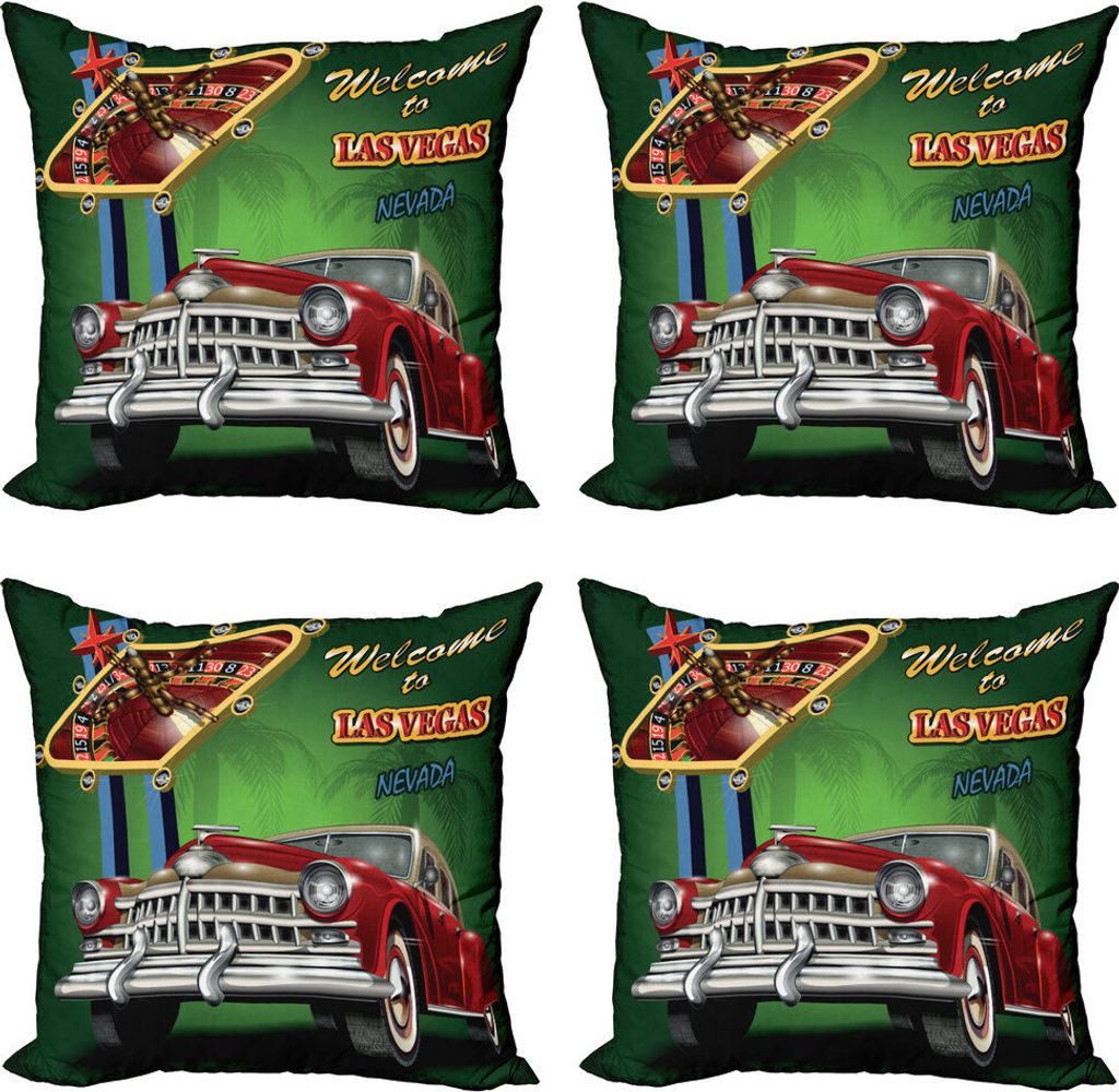 ABAKUHAUS Las Vegas Kissenbezug Set (4 Stück), Retro Car Roulette-Tisch, Moderner Doppelseitiger Digitaldruck, 40 cm x 40 cm, Mehrfarbig