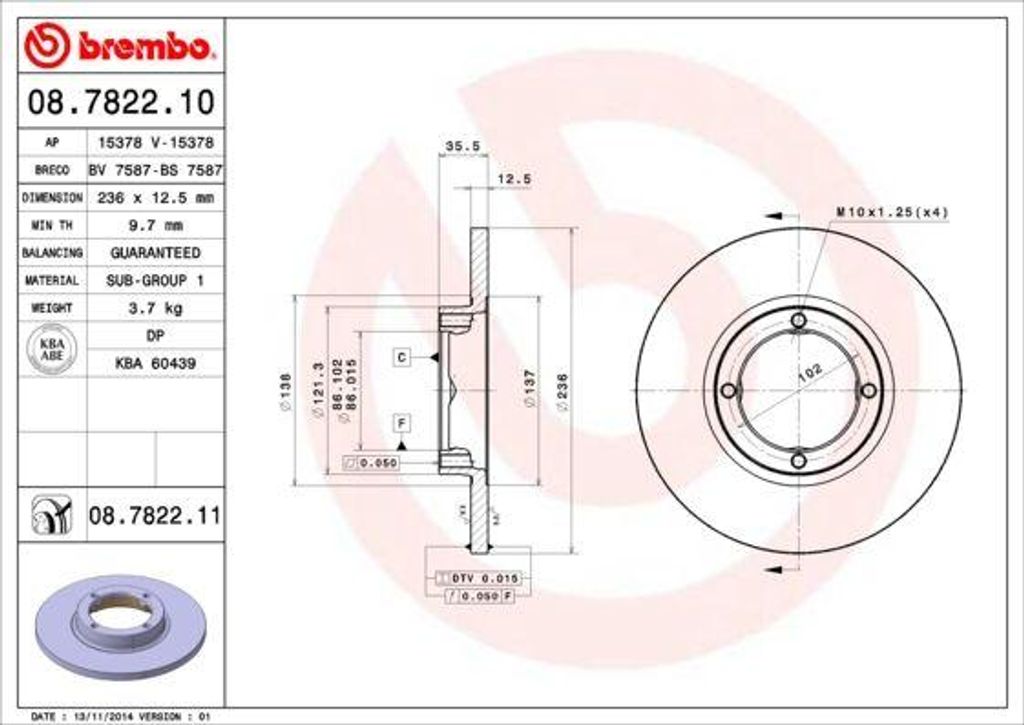 BREMBO 08.7822.10 Bremsscheibe OE 96254392 kompatibel mit Matiz, Spark