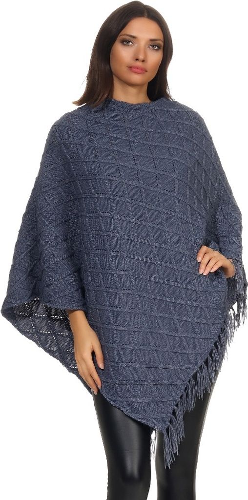 Mississhop Damen Poncho mit Kaschmir und Wolle Hochwertiges Cape XXL Umhängetuch Strick Pullover mit Quasten 3014 Nachtblau