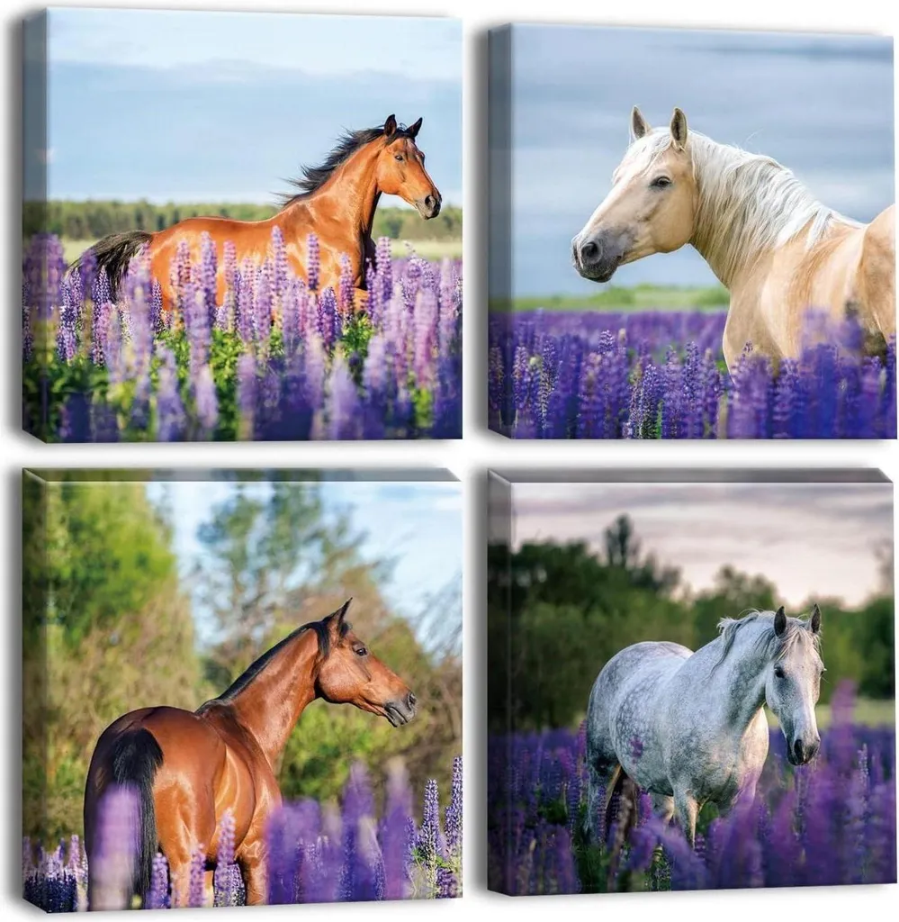Décoration Murale Toile Imprimée Lavande et Cheval Lot de 4 Carrés 30cm
