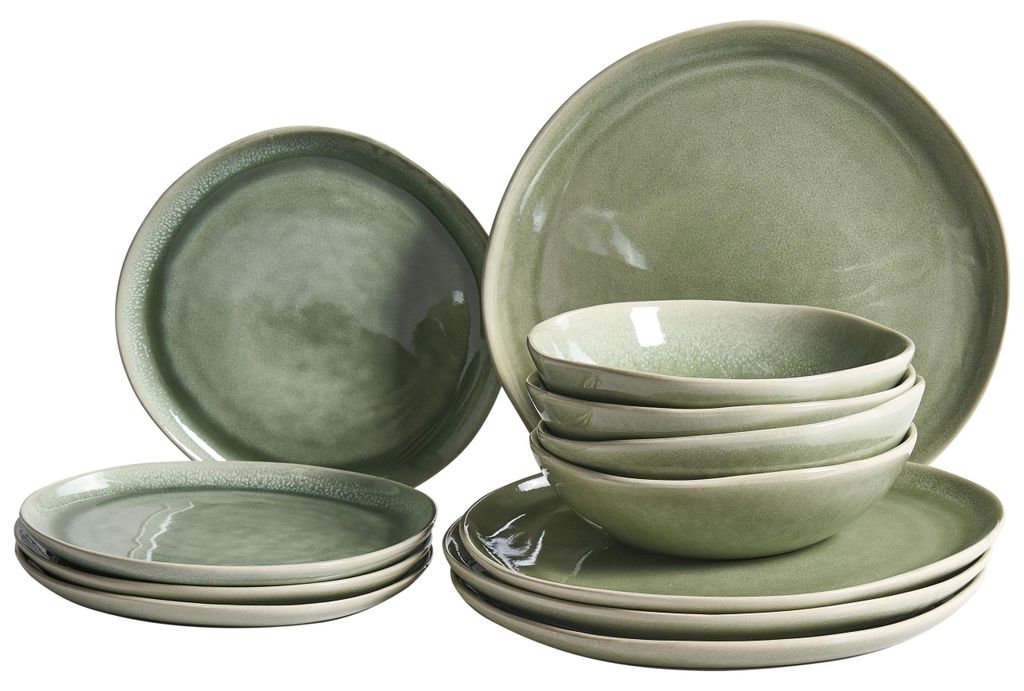 BELIANI Tafelservice Grün Steinzeug Ton und Kaolin für 4 Personen 12-teilig Rund Handgefertigt Skandi Geschirr Set Essgeschirr Küche Esszimmer