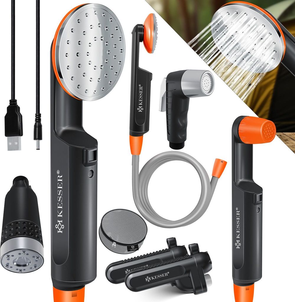 A collage of images showcasing a portable camping shower and its accessories, with some images showing water spraying from the showerhead.