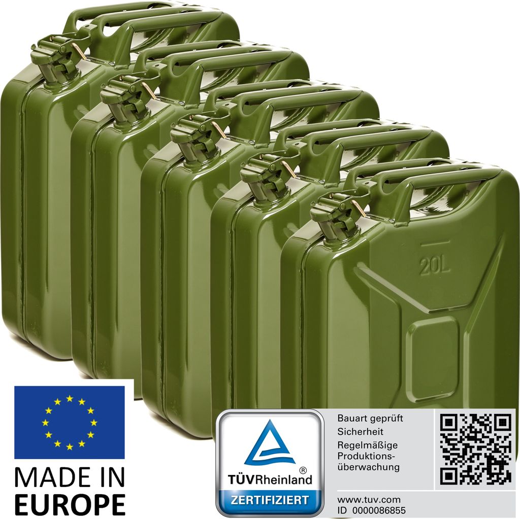 BW Kraftstoffkanister Metall Benzinkanister 5x 20 Liter - Olivegrün RAL 6003 - UN-Zulassung - Hergestellt in Europa