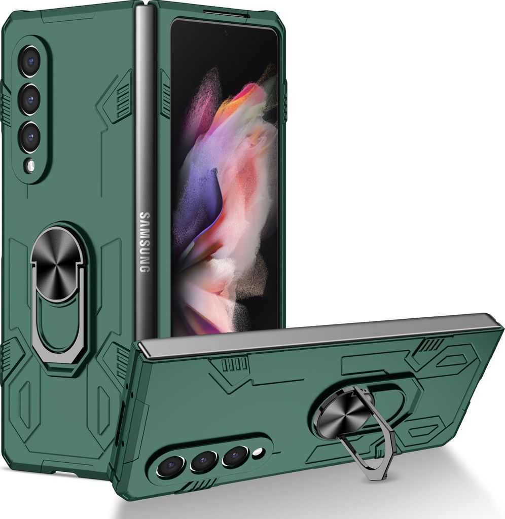 Galaxy Z Fold3 Hülle, Robust Harter PC, Stoßfest, Ringhalter, Ständer Schutzhülle für Samsung Galaxy Z Fold 3 5G Grün