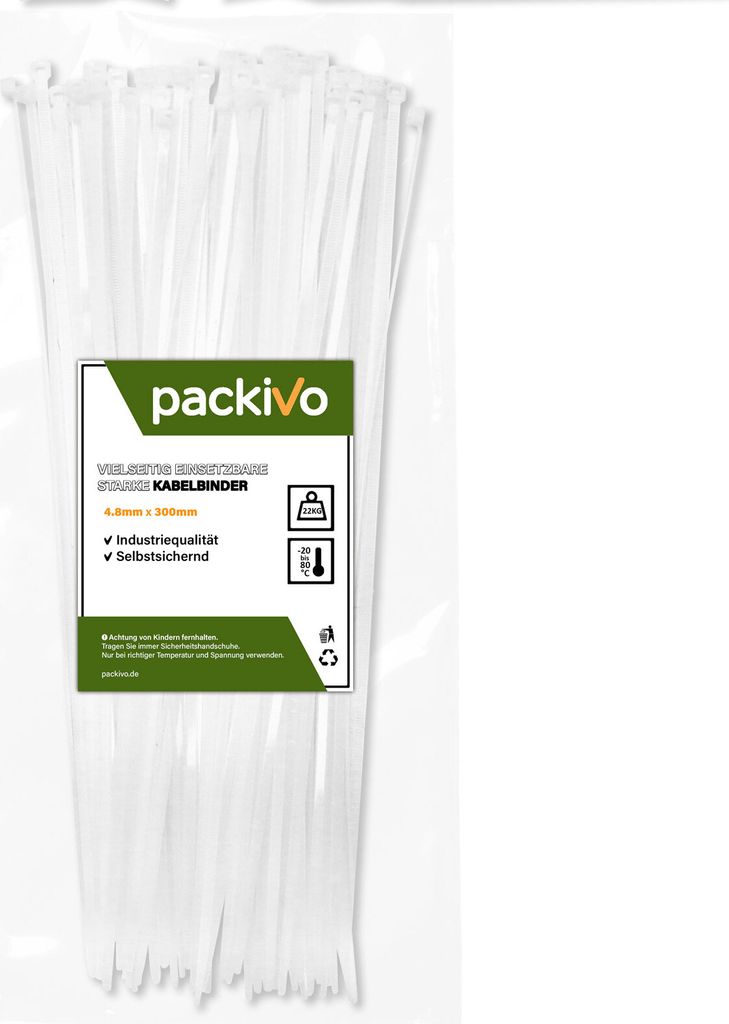 PACKIVO Profi Kabelbinder 4,8 x 300mm Weiss weiß schwarz Produktbild 