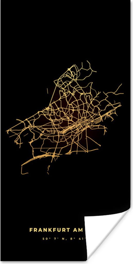 MuchoWow Poster Karte - Gold - Stadtplan - Frankfurt - Karte 75x150 cm - Dekoration für die Wände