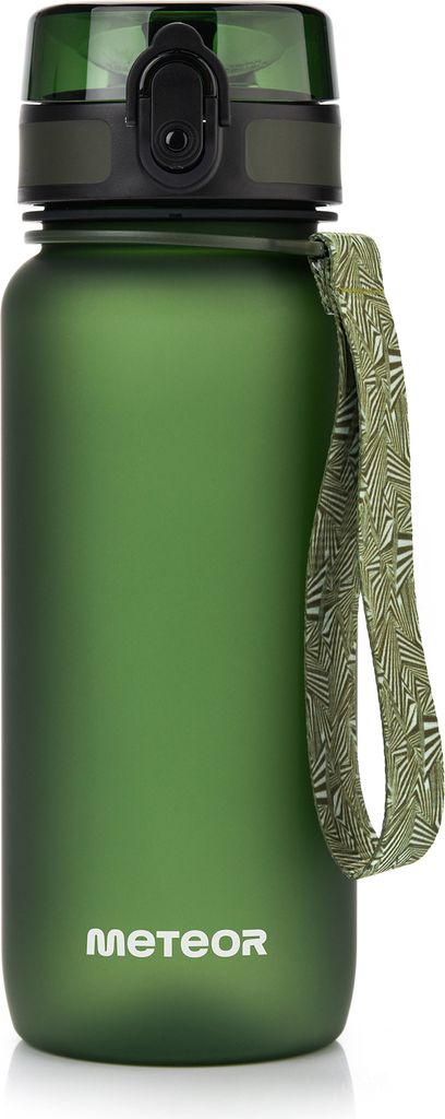 A green water bottle with a black and green lid and a patterned strap.