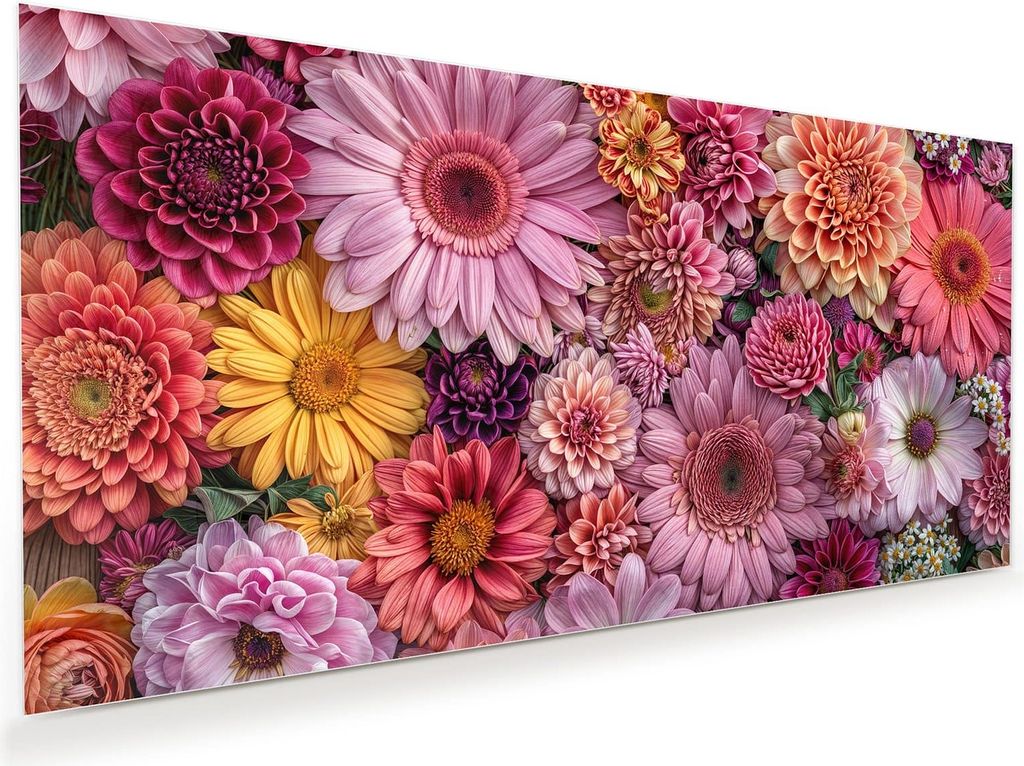 Glasbild 60x30cm in XXL für Wohnzimmer, Schlafzimmer Motiv Bunte Blumenpracht